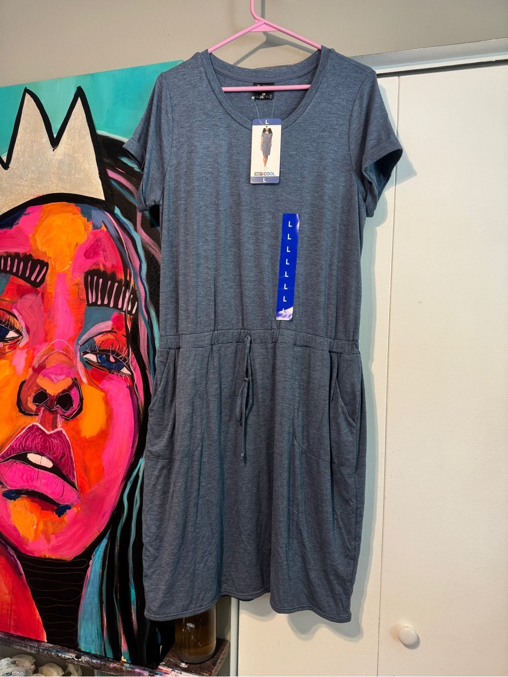 Casual Short-Sleeve Drawstring Jersey Dress - Heather Slate